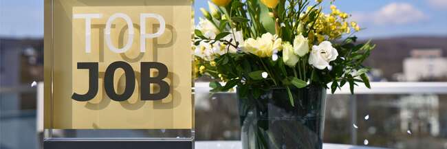 TOP-JOB-2026-Auszeichnung auf einem Tisch mit Frühlingsblumenstrauß.