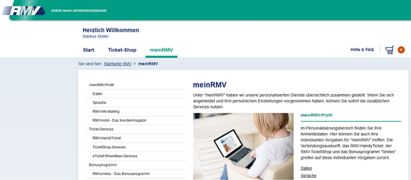 Screenshot der RMV- Seite, Startseite meinRMV