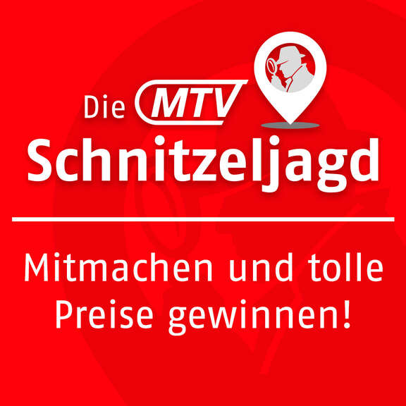 MTV Schnitzeljagd Teaser Quadrat Rote Werbegrafik für die MTV-Schnitzeljagd. Oben steht „Die MTV Schnitzeljagd“, daneben ein Symbol mit einem Detektiv im Standort-Pin. Unten der Aufruf: „Mitmachen und tolle Preise gewinnen!“.