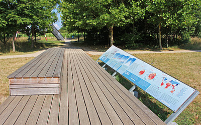 Vergrößerte Ansicht: Sitzgelegenheiten aus Holz mit davor installierten Informationstafeln