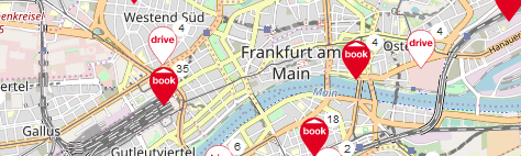 Stadtplan Frankfurt Innenstadt mit markierten book-n-drive Standorten