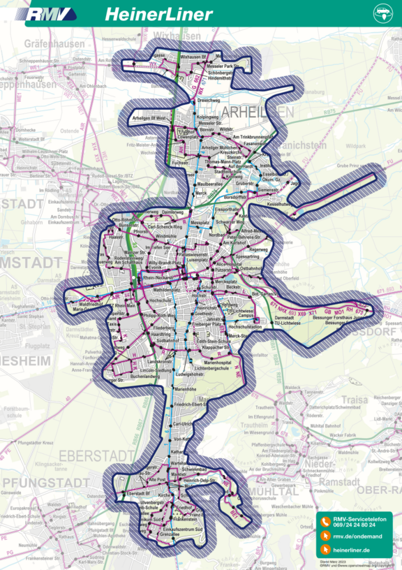 Vergrößerte Ansicht: Karte mit dem Bediengebiet der HEAG mobilo rund um Darmstadt