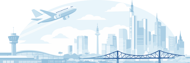 Grafik: Flugzeug fliegt über eine Brücke mit Fluss und vor einer Skyline
