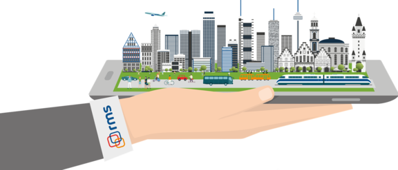 Grafik, Hand hält die Stadt Frankfurt auf einem Tablet