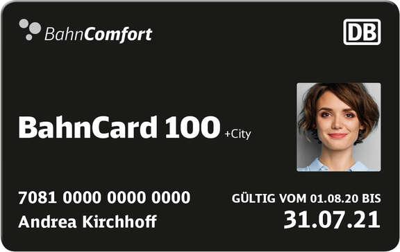 Schwarze Scheckkarte mit Aufschrift BahnCard 100, Porträtfoto rechts, Kartennummer und Gültigkeitsdatum