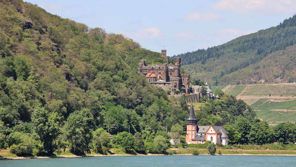 Vergrößerte Ansicht: Burg am Waldabhang mit Blick auf den Rhein