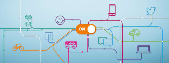 bunte Grafik zum digitalen Angebot: On-Button zentral auf Liniennetzplan