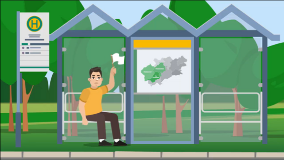 Screenshot, auf dem ein Fahrgast im Comic-Stil im Wartehäuschen sitzt und eine weiße Flagge hisst.