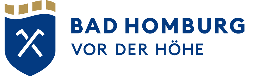 Auf einem Wappen bilden zwei Stöcke ein X. Daneben der Schriftzug Bad Homburg vor der Höhe