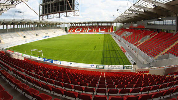 Grandstands and playing field in the empty new stadium on the Bieberer Berg in Offenbach