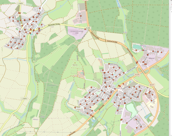 Die Karte zeigt das engmaschige Netz von virtuellen Haltepunkten in Neuhof und Orlen