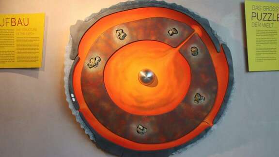 Rundes Objekt an der Wand mit etwa einem Meter Durchmesser. Graue und feuerrote Ringe wechseln sich ab.