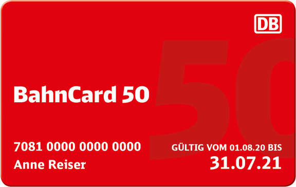 Rote Scheckkarte mit Aufschrift BahnCard 50, Porträtfoto rechts, Kartennummer und Gültigkeitsdatum