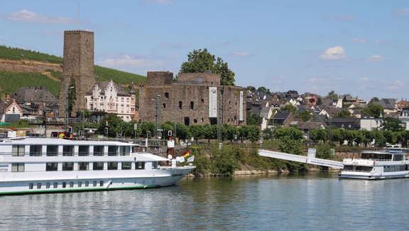 Vergrößerte Ansicht: vorne zwei Personen-Fähren, dahinter Ufer mit Häusern und Burgen
