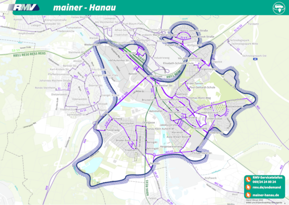 Landkarte, schraffiert umrandete Fläche stellt das Bediengebiet des On-Demand-Shuttles Mainer in Hanau dar.