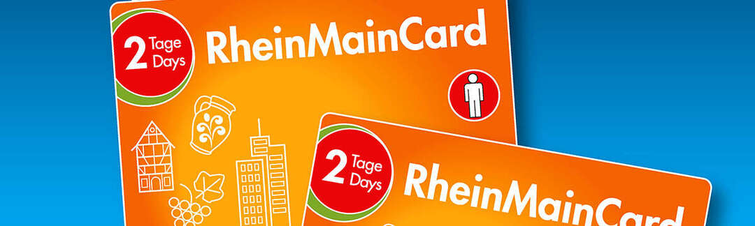 Zwei Karten der RheinMainCard 2021 mit Symbolen für die Rhein-Main-Region und Nahverkehrs-Symbolen
