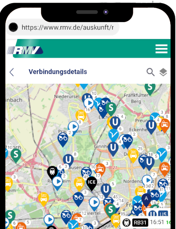 Handydisplay mit einer Karte, auf der verschiedene Symbole verschiedene Verkehrsmittel anzeigen