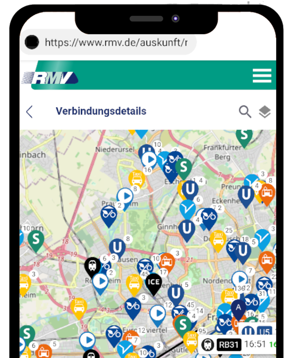 mobile phone with map display. Different signs indicate the different means of transport