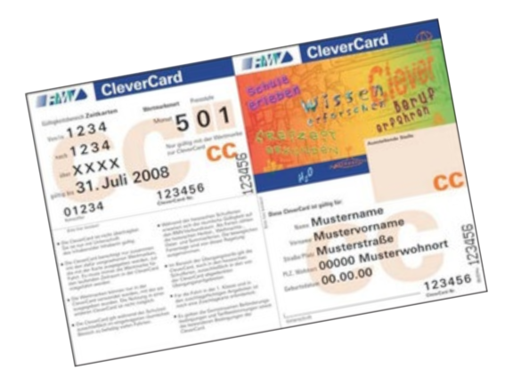 Beispiel einer Clevercard, zweigeteiltes Papier mit Angaben zum Inhaber und der Gültigkeit