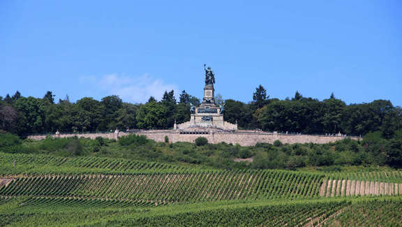 Vergrößerte Ansicht: großes Denkmal vor Wald und blauem Himmel. Vorne: Weinberge