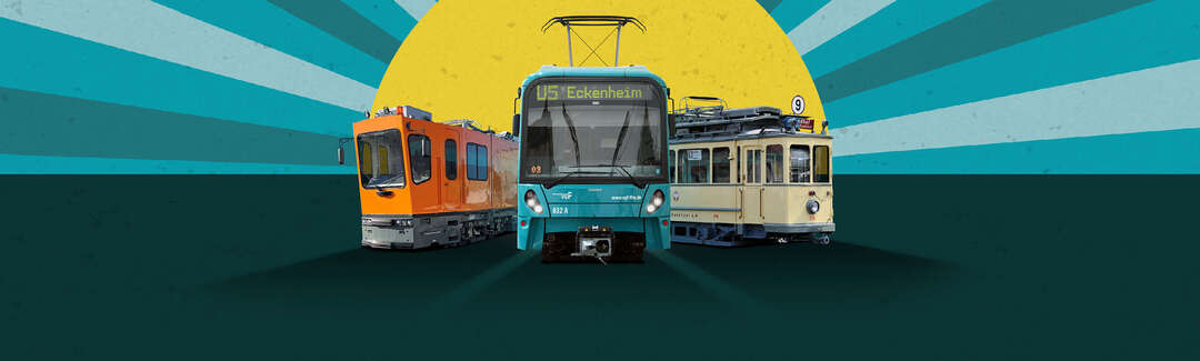 Grafik: Eine Frankfurter U-Bahn und zwei historische Fahrzeuge von vorne.