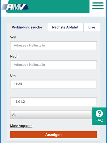 Screenshot der mobilen Ansicht von rmv.de mit Verbindungssuche und Login-Bereich