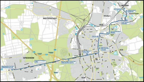 Hörtour-Stationen der Linie 4 Kartenausschnitt Darmstadt-Griesheim