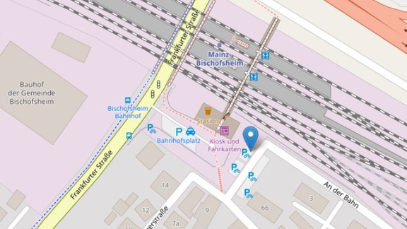 Vergrößerte Ansicht: Kartenausschnitt Bahnhof Mainz-Bischofsheim mit Standort Fahrradbox