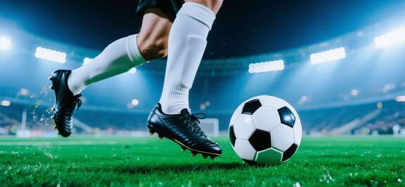 Beine eines Fußballspielers mit Ball in einem Stadion