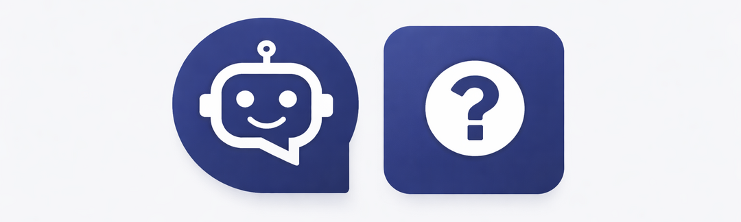 Ein Chatbot-Icon und ein Icon mit einem blauen Fragezeichen