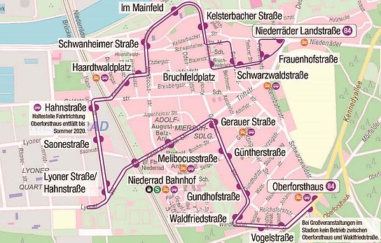 Ausschnitt Stadtplan mit Verlauf der neuen Buslinie 84 in Niederrad