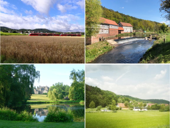 Vier Bilder als Collage: Oben links fährt ein Zug an einem Feld vorbei, oben rechts Fluß mit Fachwerkhaus, unten rechts Bus fährt durch grüne Landschaft, unten rechts, begrünter Weiher, im Hintergrund Schloss