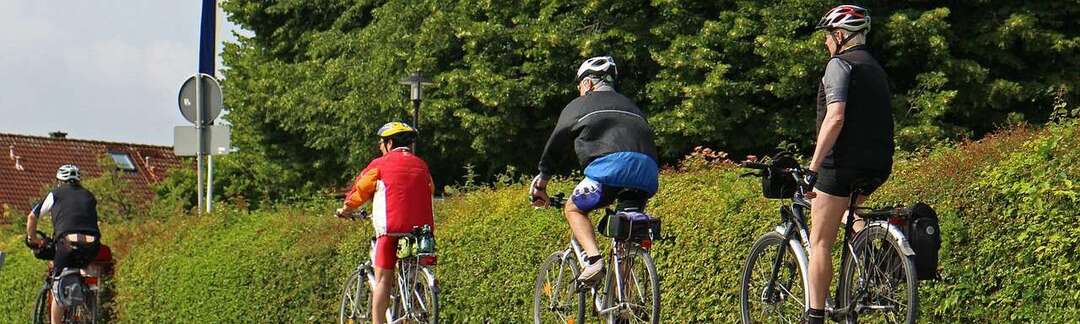 Vier FahrradfahrerInnen in grüner Gartenlandschaft