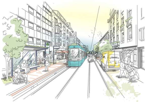 Skizze einer Straße mit Straßenbahn