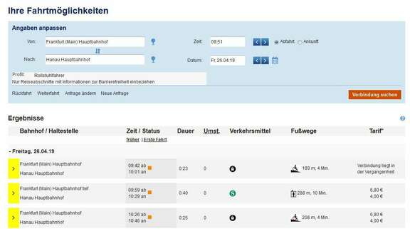 Screenshot: Fahrtauskunft in Einzelauskunft für barrierefreie Fahrten mit Verbindungssuche oben und 3 Ergebnissen