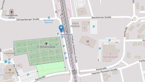 Vergrößerte Ansicht: Kartenausschnitt Bahnhof Gernsheim mit Standort Fahrradboxen