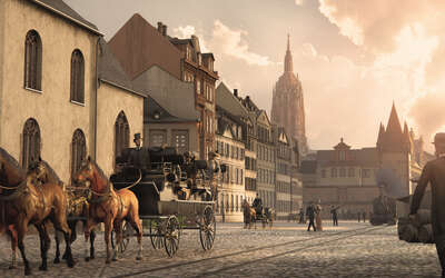 Historische Ansicht der Frankfurter Altstadt mit Pferdedroschke im Vordergrund.