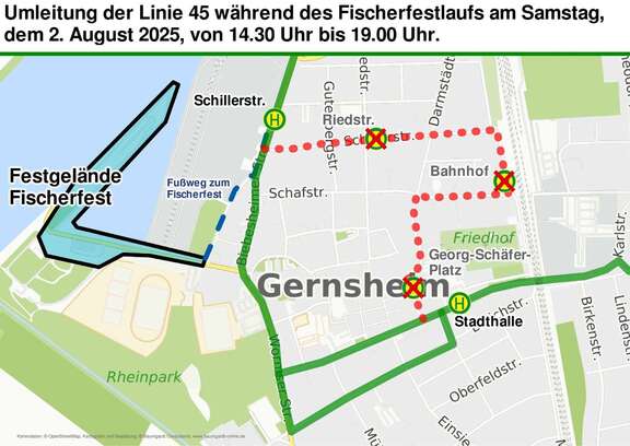 Kartenansicht der Umleitungsstrecke während des Fischerfestlaufes
