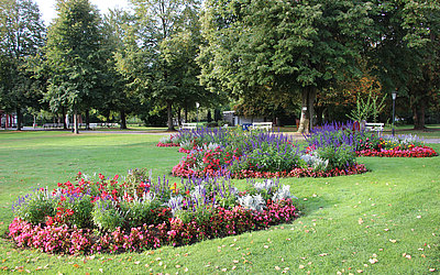 Vergrößerte Ansicht: Runde Blumenbeete auf Wiese im Park