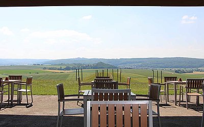 Vergrößerte Ansicht: Blick von der Terrasse des Museumscafés auf Grabhügel