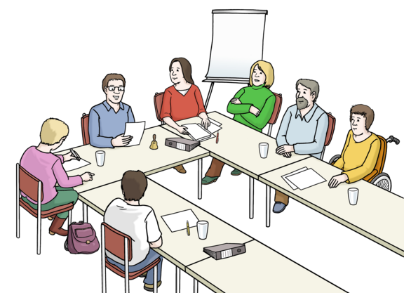 Grafik: Menschen sitzen an einem Tisch