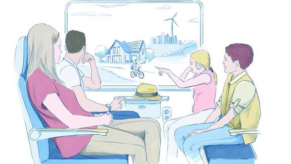 Zeichnung: Eine Familie schaut im Zug auf dem Fenster. Draußen ein Fahrrad, ein Haus und eine Windmühle.