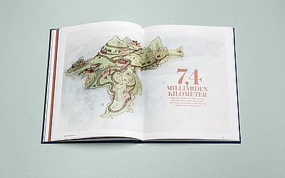 Vergrößerte Ansicht: Seite aus dem Buch Pufferküsser, die das RMV-Gebiet als gemalte 3D-Landschaft zeigt
