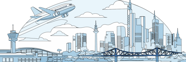 Grafik Skyline und Flughafen Frankfurt mit Flugzeug