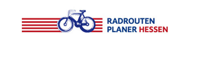 weißes Logo mit blauem Fahrrad auf roten Streifen: Radtouren Planer Hessen