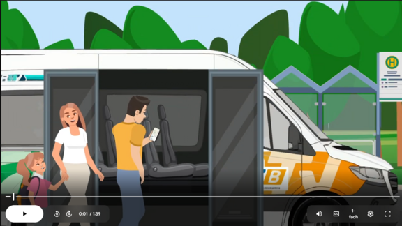 Screenshot einer Videosequenz, bei der Fahrgäste in einen kleinen OnDemand Bus einsteigen