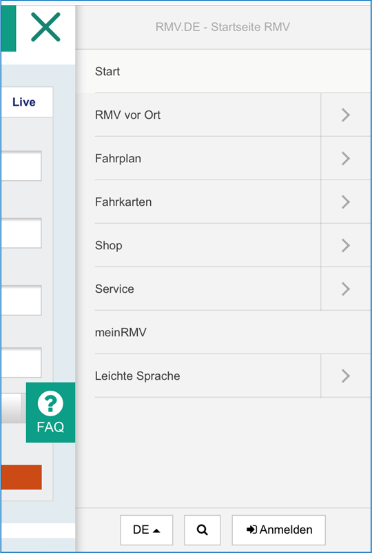 Screenshot Hauptmenü der mobilen Ansicht von rmv.de