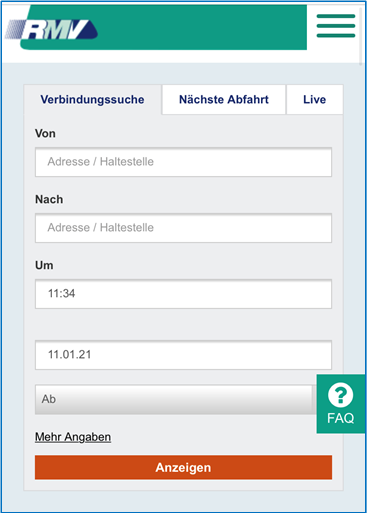 Screenshot der mobilen Ansicht von rmv.de mit Verbindungssuche und Login-Bereich