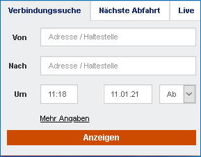 Screenshot der Verbindungssuche mit Eingabefelder zu Start, Ziel und Uhrzeit