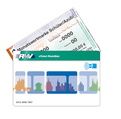 Eine Papierfahrkarte, davor ein eTicket-Chipkarte mit RMV-Logo